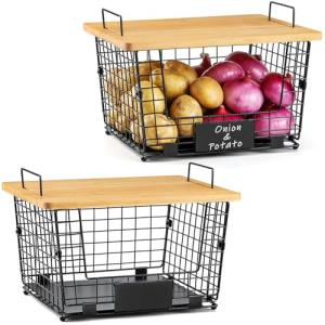 XXL Stackable Wire Baskets with Bamboo Tops