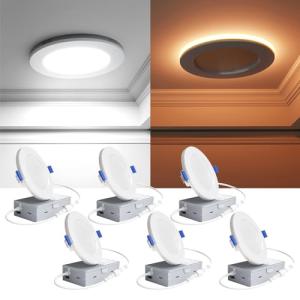 Veriligt 6 Pack 4 Inch LED Recessed Light with Night Light, 2700K/3000K/3500K/4000K/5000K 5CCT Ceiling Light, 750LM 9W 120V, Dimmable Canless Wafer Downlight ETL&FCC, Energy Saving Star