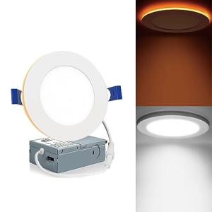 Meconard 1 Pack 4 Inch 5CCT LED Canless Recessed Lighting with Night Light, 2700K/3000K/3500K/4000K/5000K Selectable Ultra-Thin LED Ceiling Lights, 9W=75W, 750LM, Dimmable Wafer Downlight ETL&FCC