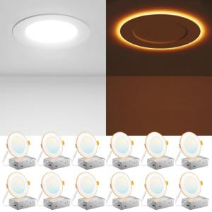 Amico 12 Pack 4 Inch 5CCT LED Recessed Ceiling Light with Night Light, 2700K/3000K/3500K/4000K/5000K Selectable Ultra-Thin Lighting, 10W=90W, 700LM, Dimmable Canless Wafer Downlight - ETL&FCC