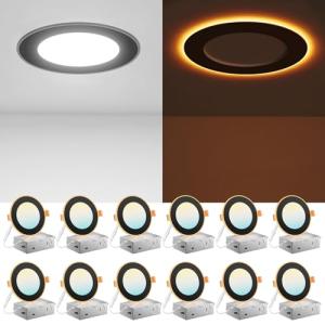 Amico 12 Pack Black 4 Inch 5CCT LED Recessed Ceiling Light with Night Light, 2700K/3000K/3500K/4000K/5000K Selectable Ultra-Thin Lighting, 10W=90W, 700LM, Dimmable Canless Wafer Downlight - ETL&FCC