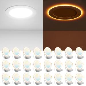 Amico 24 Pack 6 Inch 5CCT LED Recessed Ceiling Light with Night Light, 2700K/3000K/3500K/4000K/5000K Selectable Ultra-Thin Recessed Lighting, 12W=110W, 1100LM, Dimmable Canless Wafer Downlight ETL&FCC