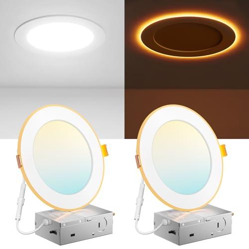 Amico 2 Pack 6 Inch 5CCT LED Recessed Ceiling Light with Night Light, 2700K/3000K/3500K/4000K/5000K Selectable Ultra-Thin Lighting, 12W=110W, 1100LM, Dimmable Canless Wafer Downlight ETL&FCC