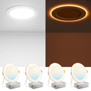 Amico 4 Pack 6 Inch 5CCT LED Recessed Ceiling Light with Night Light, 2700K/3000K/3500K/4000K/5000K Selectable Ultra-Thin Recessed Lighting, 12W=110W, 1100LM, Dimmable Canless Wafer Downlight ETL&FCC