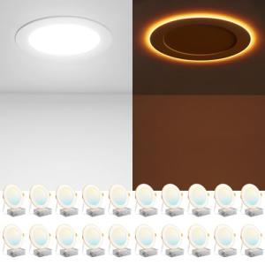 Amico 20 Pack 6 Inch 5CCT LED Recessed Ceiling Light with Night Light, 2700K/3000K/3500K/4000K/5000K Selectable Ultra-Thin Recessed Lighting, 12W=110W, 1100LM, Dimmable Canless Wafer Downlight ETL&FCC