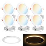 PARMIDA (6 Pack) 6 Inch 5CCT LED Recessed Ceiling Light with Night Light, 2700K/3000K/3500K/4000K/5000K Selectable Ultra-Thin Lighting, 15W, Dimmable Canless Wafer Slim Panel Downlight, IC Rated, ETL