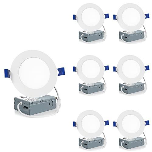 Meconard 6 Pack 4 Inch LED Recessed Ceiling Light with Junction Box, 2700K/3000K/3500K/4000K/5000K Selectable, 9W=75W 750LM, Dimmable Canless Downlights, ETL and Energy Star Listed