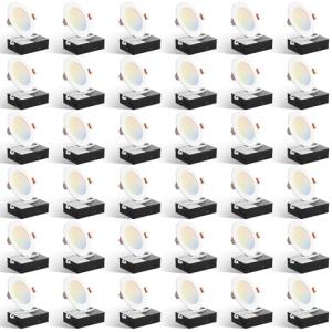 Amico 36 Pack 4 Inch 5CCT Ultra-Thin LED Recessed Ceiling Light with Plastic Junction Box, 2700K/3000K/3500K/4000K/5000K Selectable,800LM, Dimmable Canless Wafer Downlight, 10W, ETL&FCC