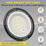 hunhun 4 Pack ETL 155W UFO LED High Bay Light, 22500lm, Daylight 5000K, US Plug,110-277V, IP65 Waterproof Commercial LED Shop Lights for Workshop Factory Barn Warehouse, Garage ETL Listed