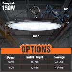 Fanyank 150W LED High Bay Lights with US Plug, 21000LM High Bay LED Shop Light, 5000K Daylight, IP65 Waterproof, UFO Commercial Warehouse Workshop Factory Barn Garage Lighting 4 Pack