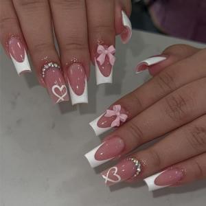 French Tip Press-On Nails with Charms and Bow