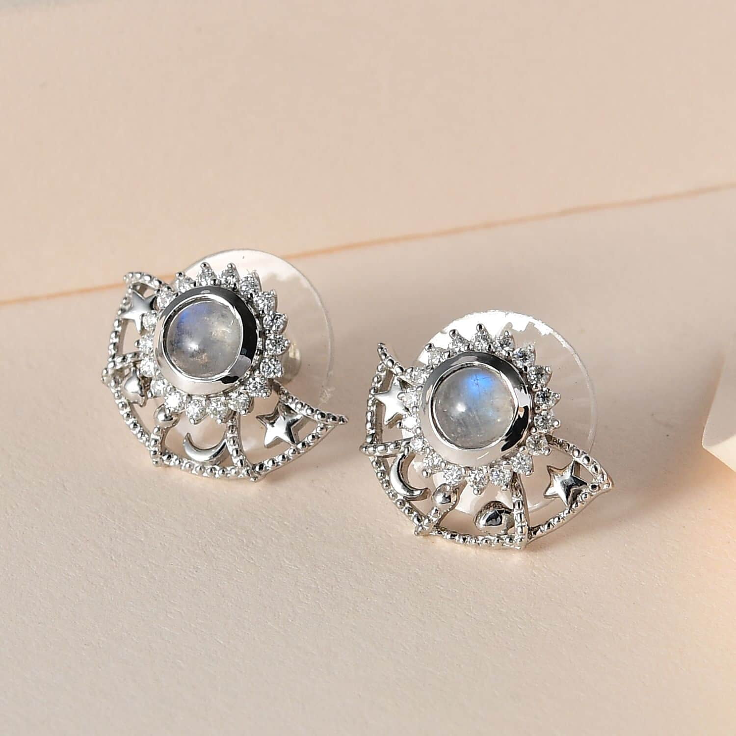 Rainbow Moonstone Moissanite Star Earrings in Silver