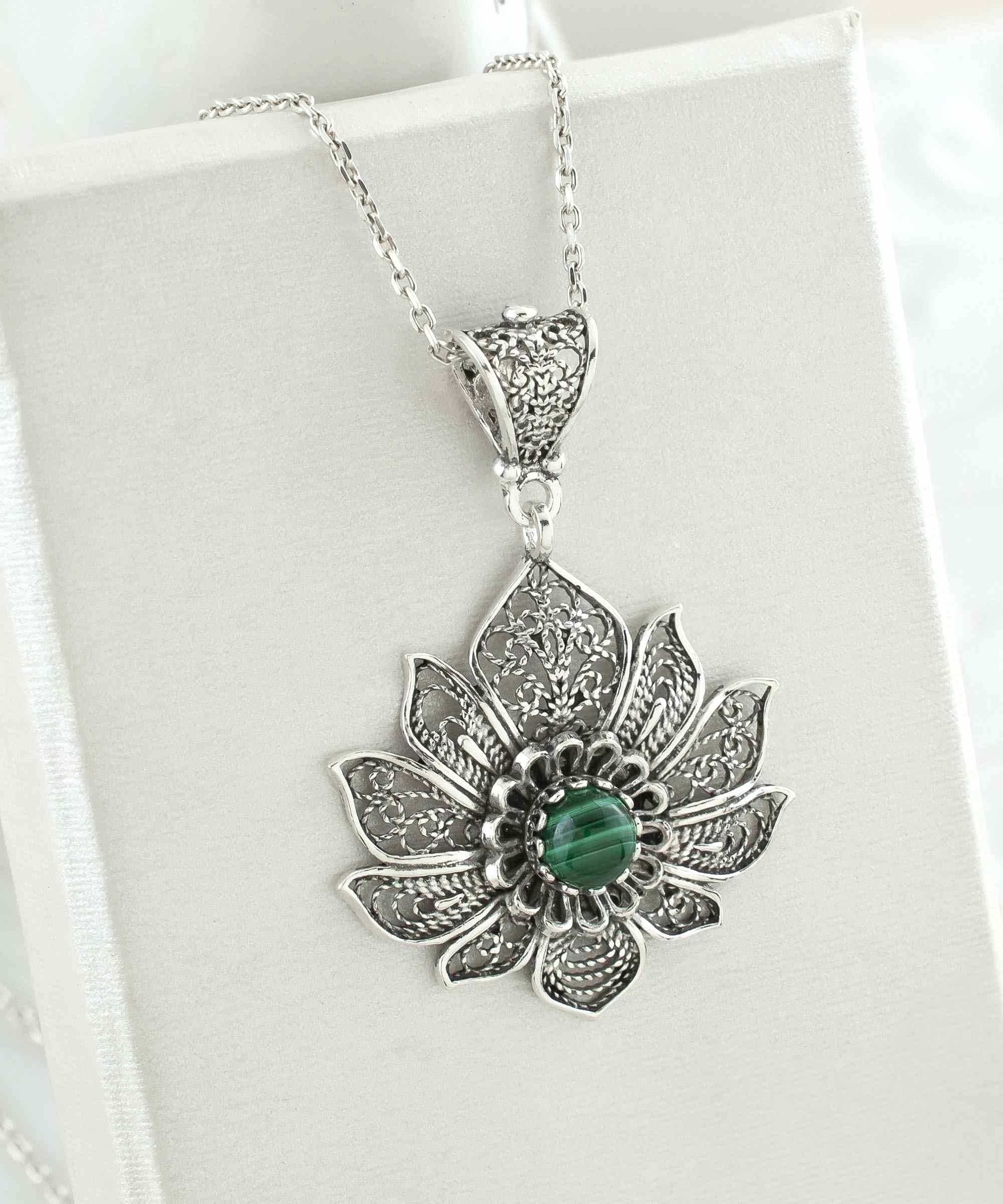Silver Filigree Lotus Flower Malachite Pendant Necklace