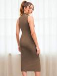High Neck Sleeveless Bodycon Midi Dress - Brown