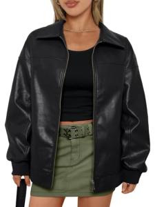 Oversized Black Faux Leather Jacket for Women