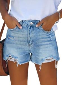 Light Blue High Waisted Ripped Denim Shorts for Women