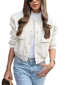 Beige Cropped Bomber Jacket with Pockets for Women