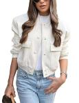 Beige Cropped Bomber Jacket with Pockets for Women
