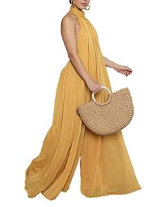 Yellow Halter Neck Wide Leg Jumpsuit for Women