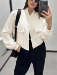 Beige Cropped Bomber Jacket with Pockets for Women