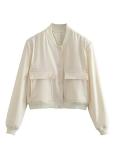 Beige Cropped Bomber Jacket with Pockets for Women