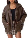 Oversized Brown Faux Leather Motorcycle Jacket