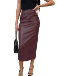 Wine Red High Waist Faux Leather Midi Skirt
