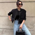 Zando Women's Cropped Black Bomber Jacket