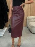 Wine Red High Waist Faux Leather Midi Skirt