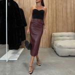 Wine Red High Waist Faux Leather Midi Skirt