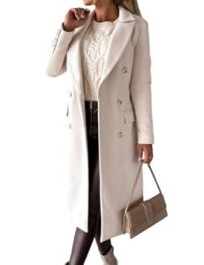 Beige Double Breasted Wool Midi Coat for Women