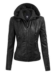 Faux Leather Moto Biker Jacket with Removable Hood