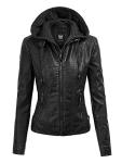 Faux Leather Moto Biker Jacket with Removable Hood