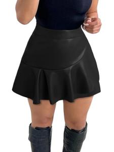 High Waisted Ruffle Mini PU Leather Skirt