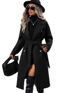 UTCoco Women's Black Wool Pea Coat with Belt