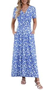 AUSELILY Floral Maxi Dress with Pockets - Blue