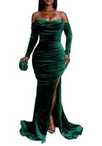 Vakkest Green Velvet Off-Shoulder Maxi Dress