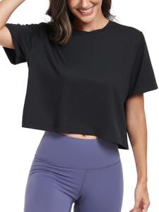 Black Loose Fit Workout Crop Top for Women
