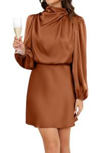 Brown Satin Long Sleeve Mini Dress for Women