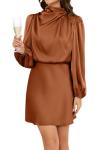 Brown Satin Long Sleeve Mini Dress for Women