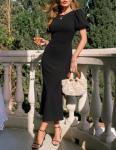 ZESICA Black Puff Sleeve Bodycon Midi Dress
