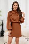 Brown Satin Long Sleeve Mini Dress for Women