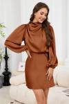 Brown Satin Long Sleeve Mini Dress for Women