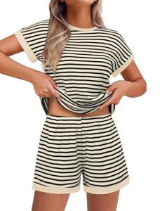 Beige Striped Waffle Knit Lounge Set for Women