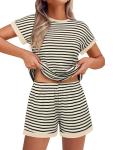 Beige Striped Waffle Knit Lounge Set for Women
