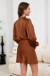 Brown Satin Long Sleeve Mini Dress for Women