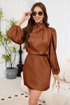 Brown Satin Long Sleeve Mini Dress for Women