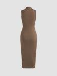 High Neck Sleeveless Bodycon Midi Dress - Brown