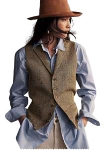 Womens Khaki Herringbone Tweed Sleeveless Blazer