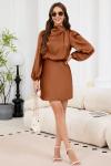 Brown Satin Long Sleeve Mini Dress for Women